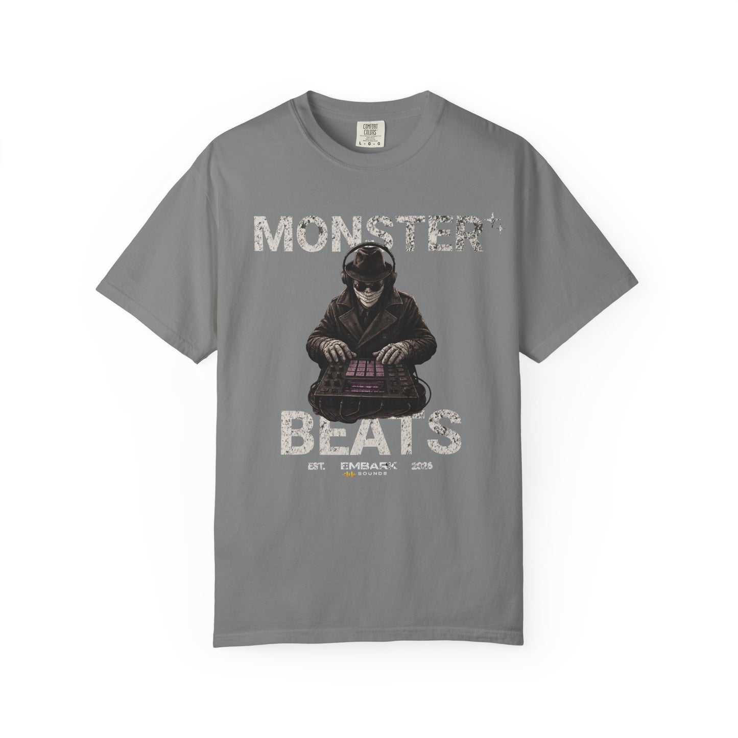 Gray t-shirt with graphic design and text on a white background