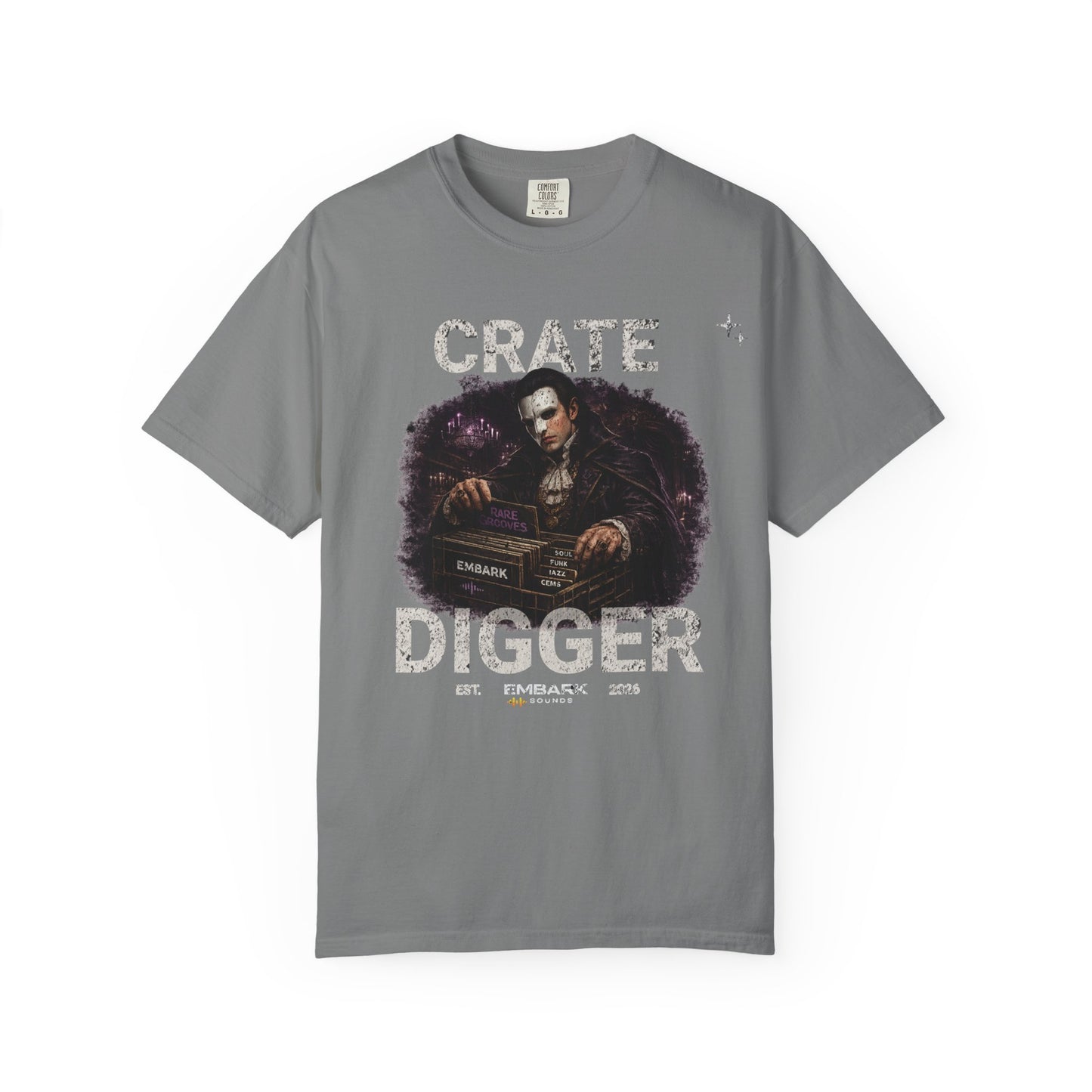 Gray t-shirt with graphic design and text on a white background