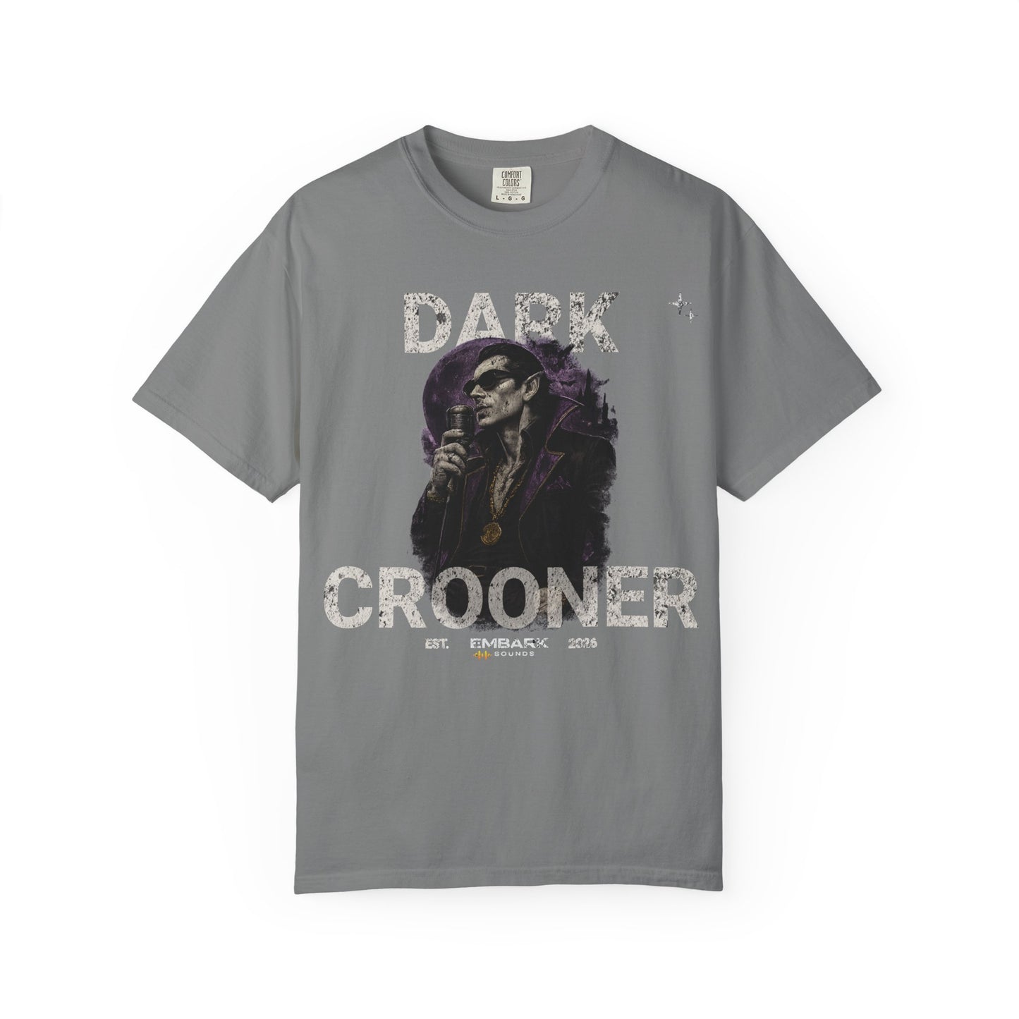 Gray t-shirt with 'Dark Crooner' graphic design on a white background
