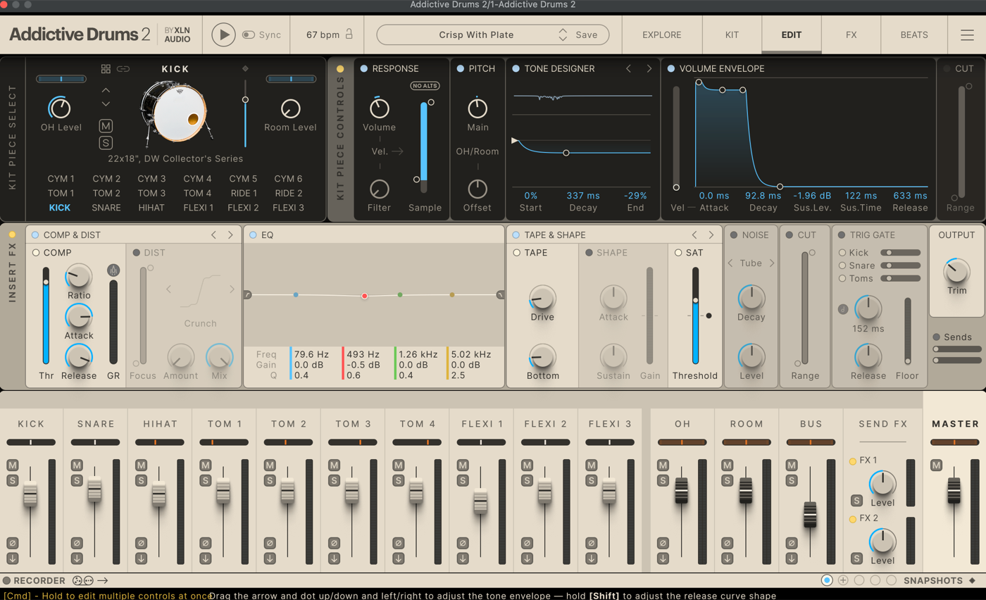 Addictive Drums 2 sound design panel — dense controls