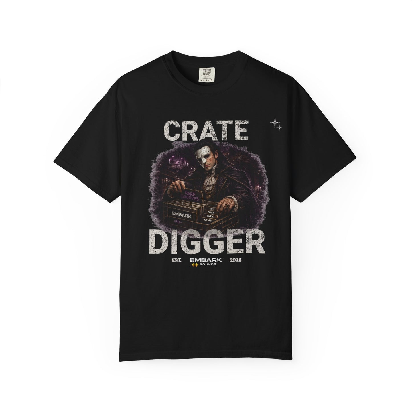 Black t-shirt with graphic design and text on a white background