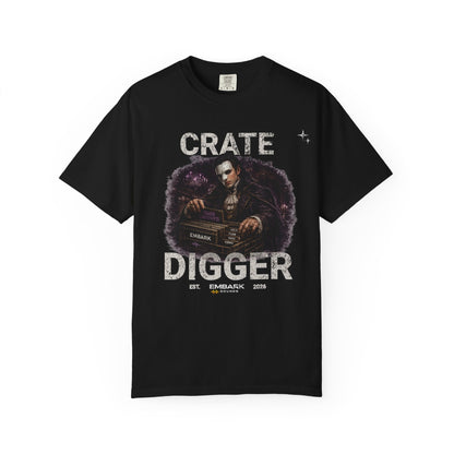 Black t-shirt with graphic design and text on a white background