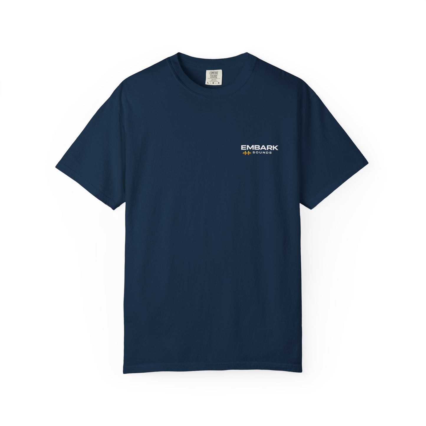 Navy blue t-shirt with a small white logo on a white background
