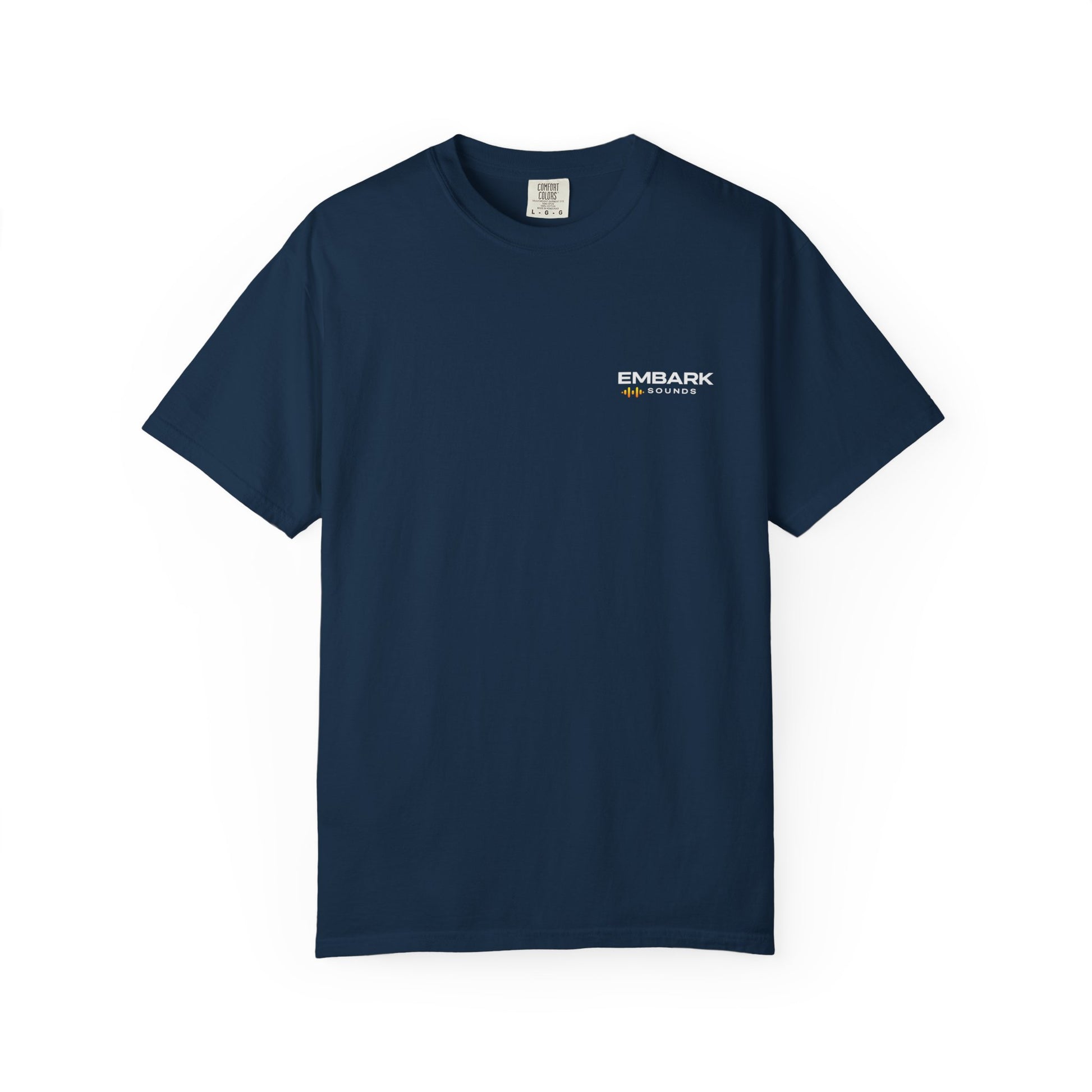 Navy blue t-shirt with a small white logo on a white background