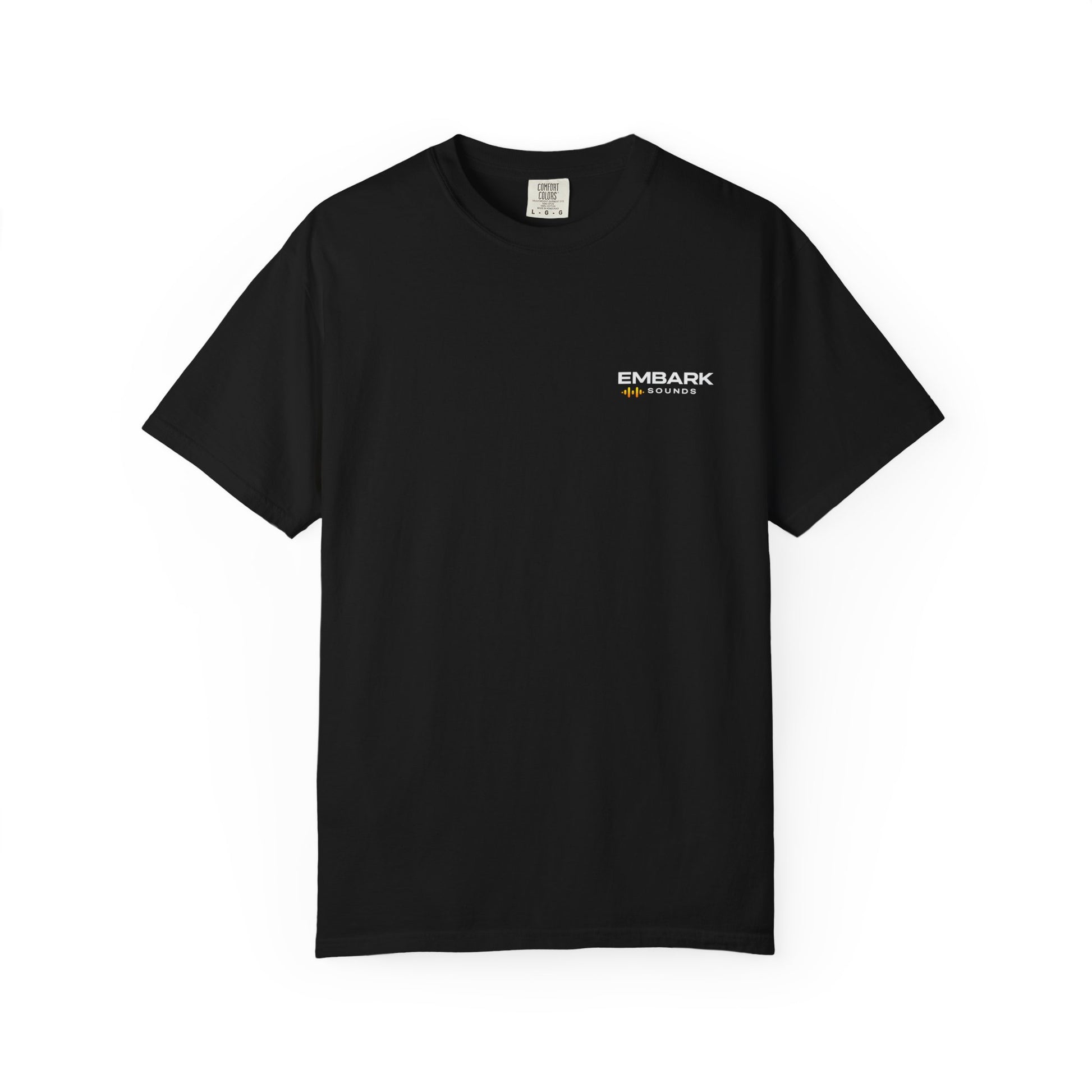 Black t-shirt with 'Embark Sounds' logo on a white background