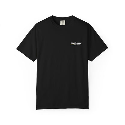 Black t-shirt with 'Embark Sounds' logo on a white background