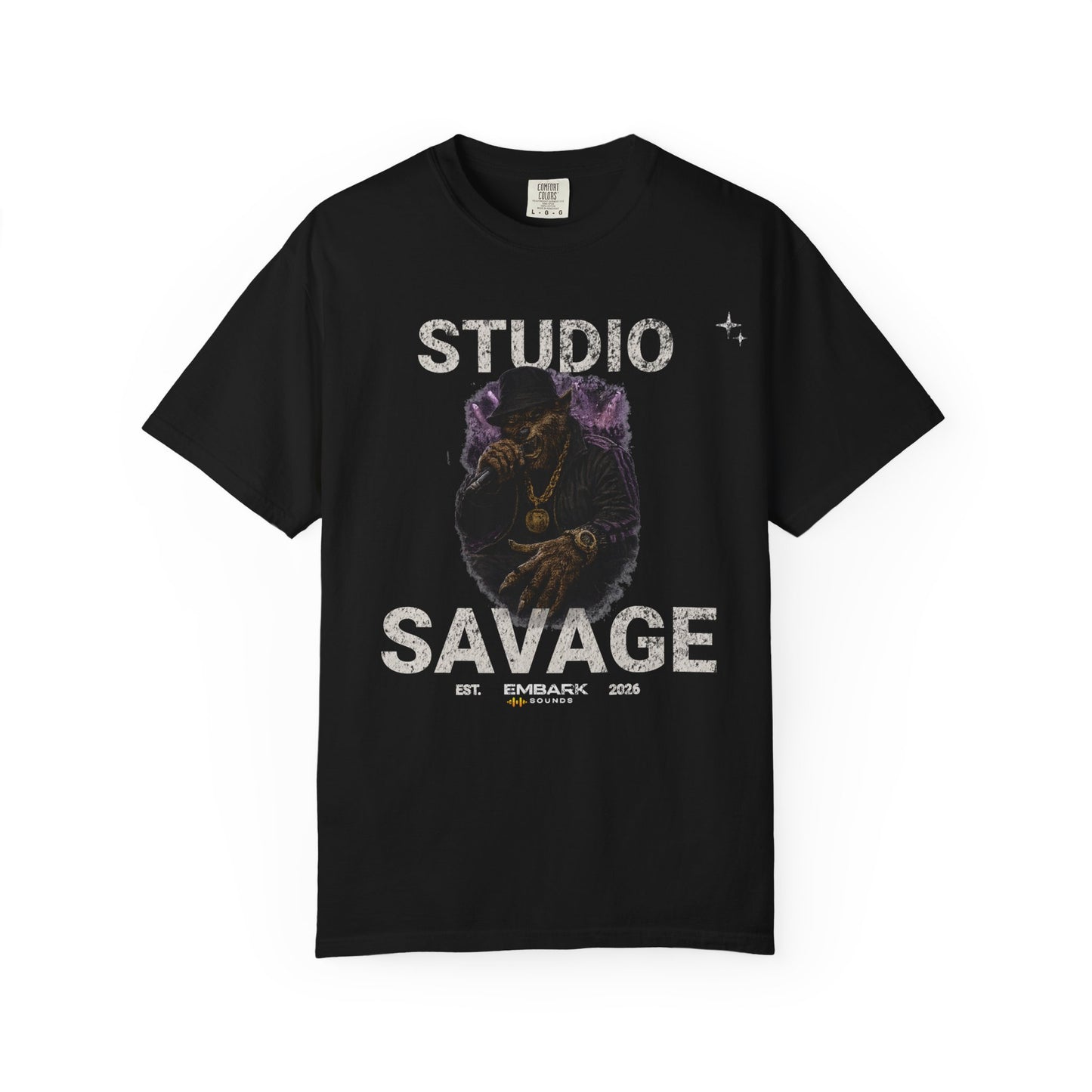Black t-shirt with 'Studio Savage' graphic design on a white background