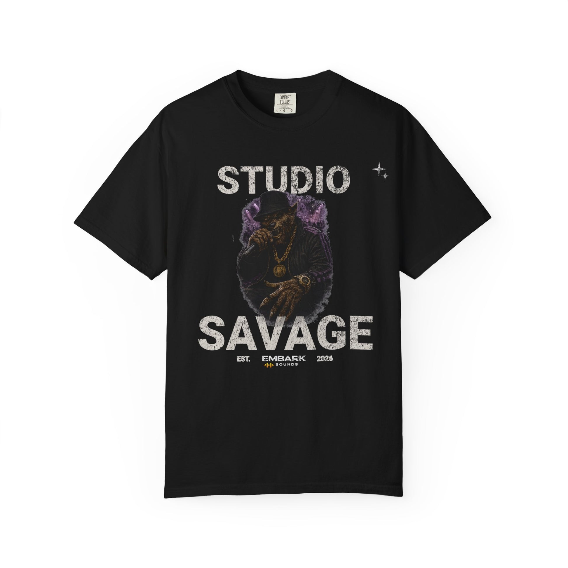 Black t-shirt with 'Studio Savage' graphic design on a white background