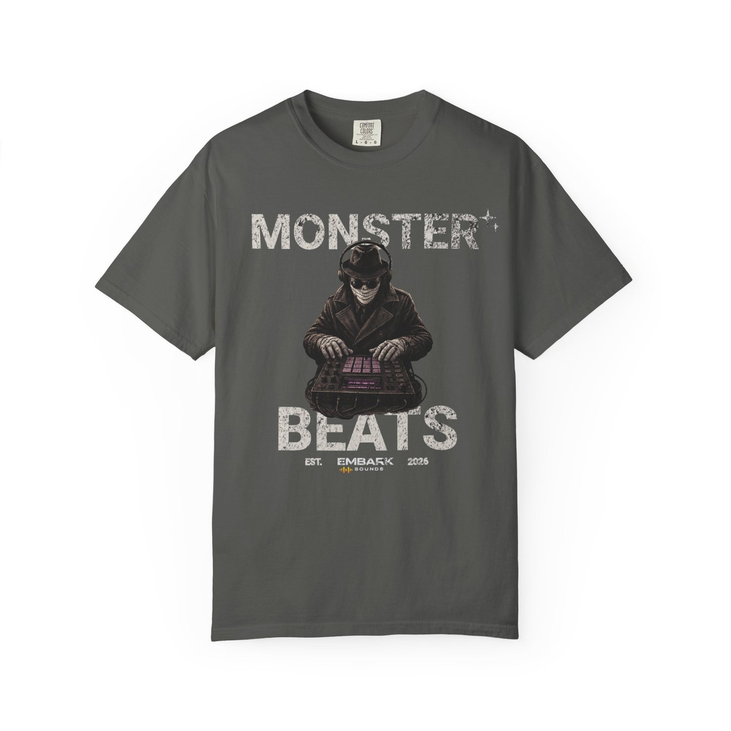 Gray t-shirt with graphic design and text on a white background
