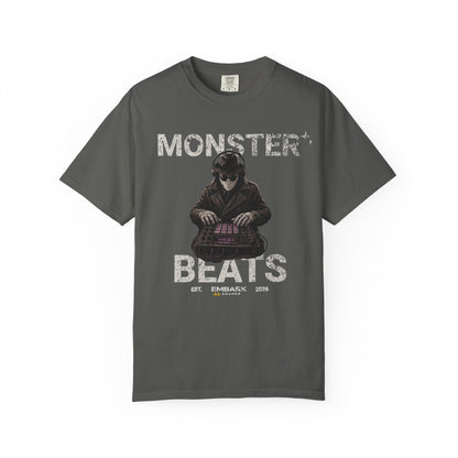 Gray t-shirt with graphic design and text on a white background