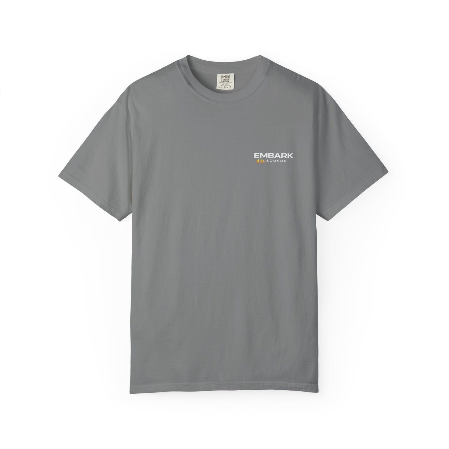 Gray t-shirt with a logo on a white background