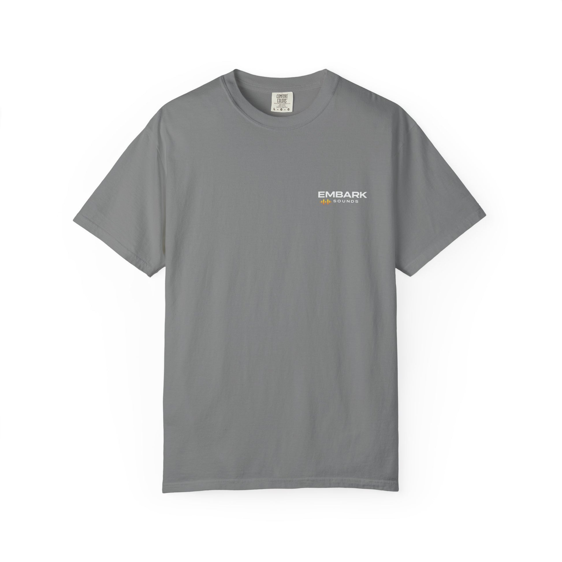 Gray t-shirt with a logo on a white background