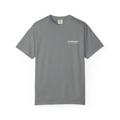 Gray t-shirt with a logo on a white background