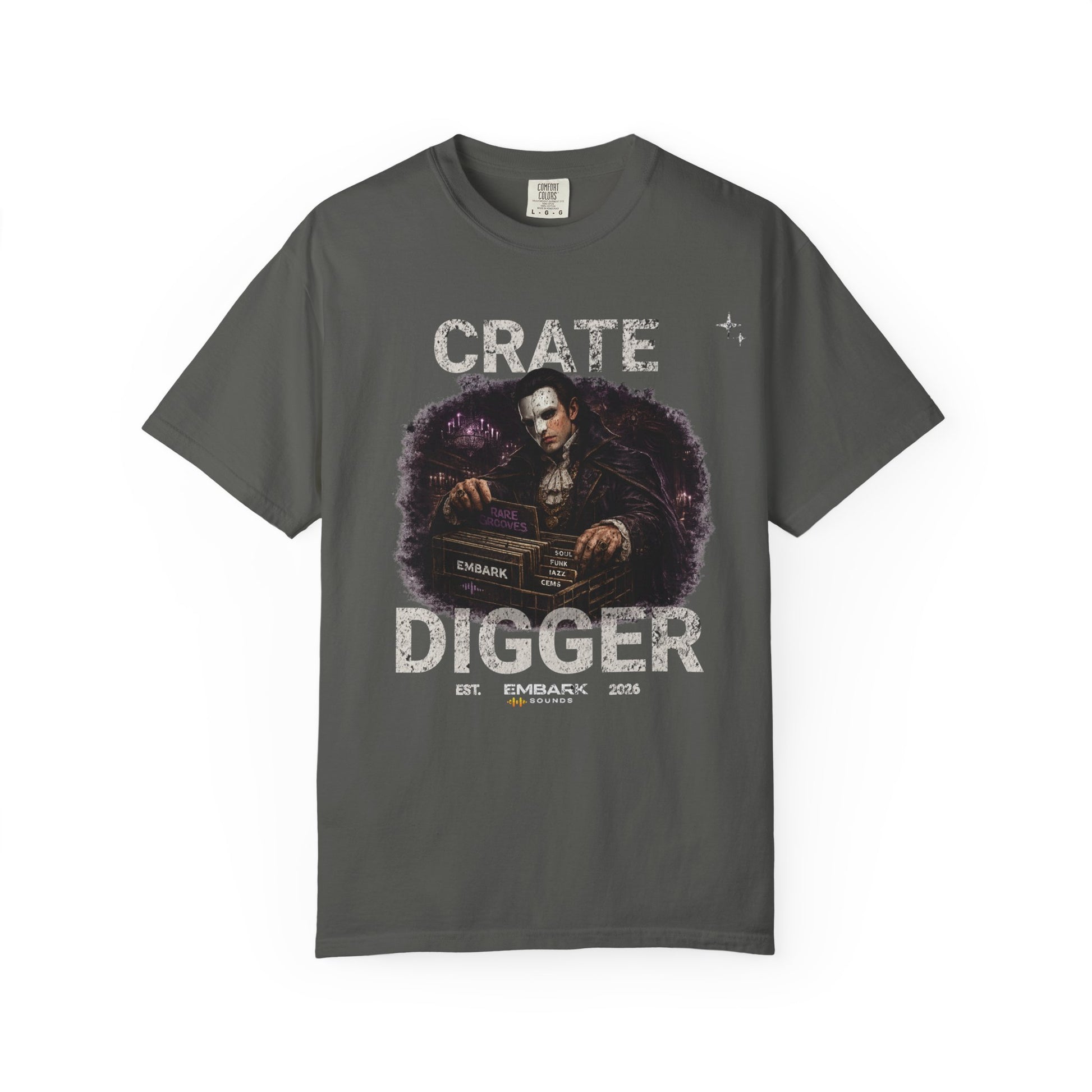 Gray t-shirt with graphic design and text on a white background