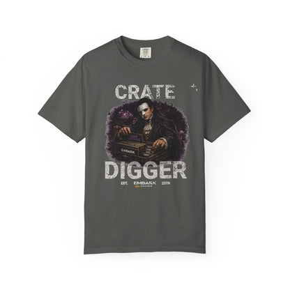 Gray t-shirt with graphic design and text on a white background