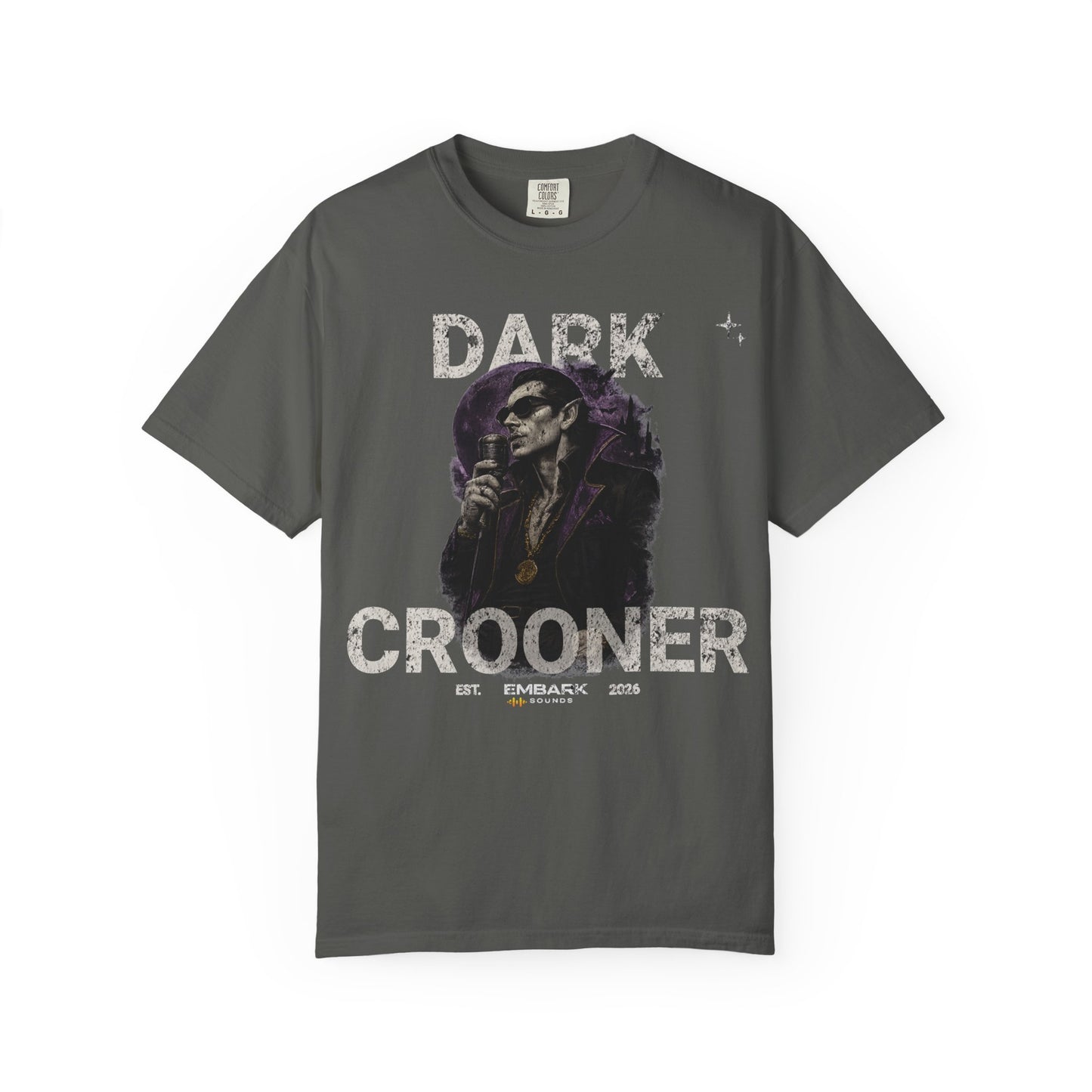 Gray t-shirt with 'Dark Crooner' graphic design on a white background