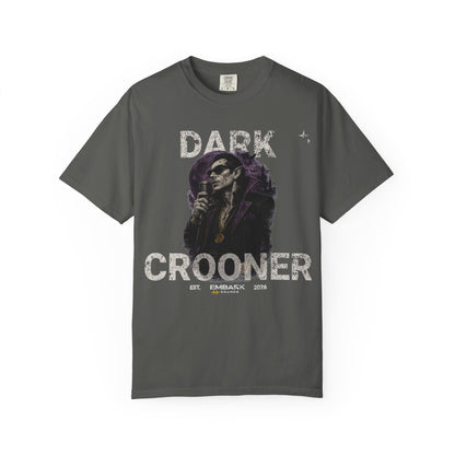 Gray t-shirt with 'Dark Crooner' graphic design on a white background
