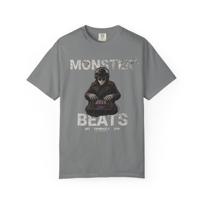 Gray t-shirt with graphic design and text on a white background