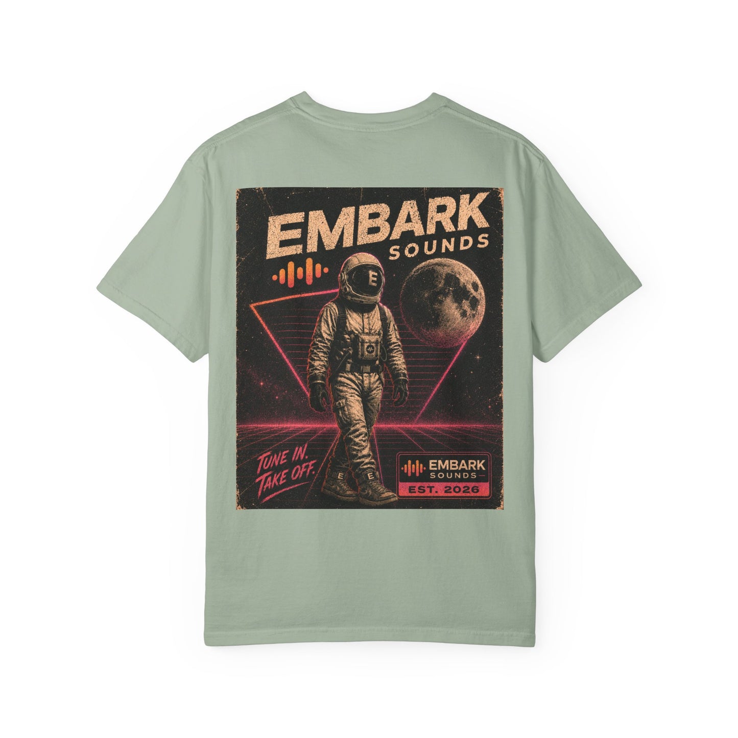 Light green t-shirt with an astronaut graphic and 'Embach Sounds' text on a white background