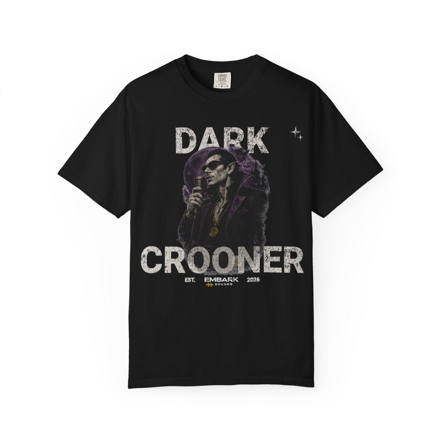 Black t-shirt with 'Dark Crooner' graphic design on a white background