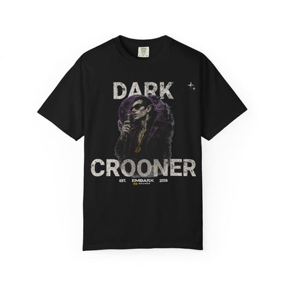 Black t-shirt with 'Dark Crooner' graphic design on a white background