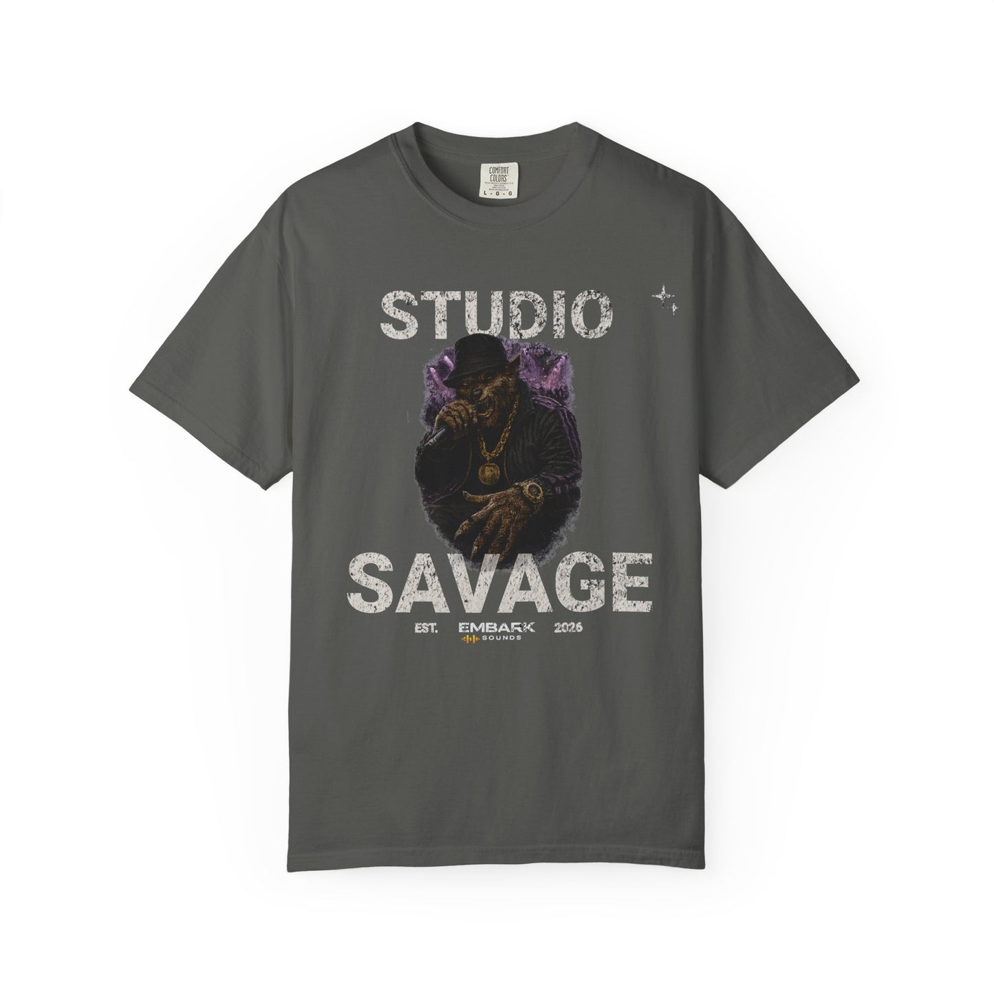 Gray t-shirt with 'Studio Savage' graphic design on a white background