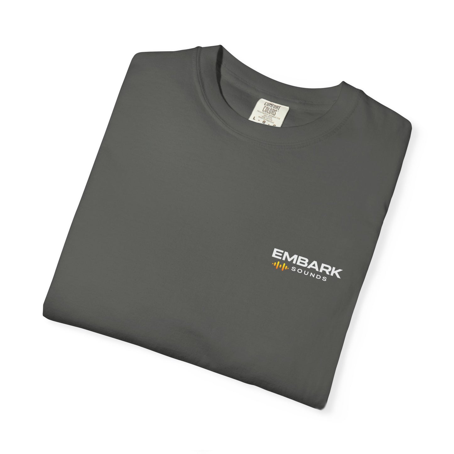 Folded gray t-shirt with a small logo on a white background