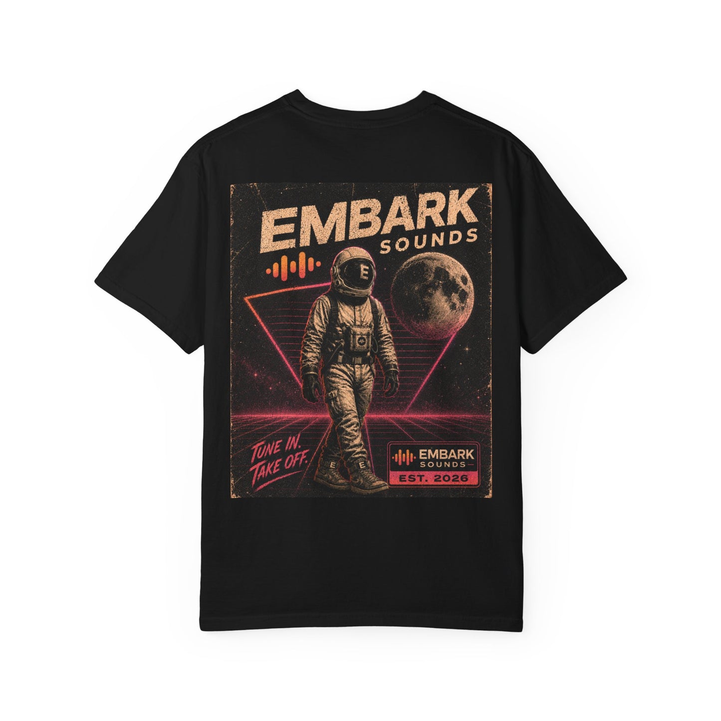 Black t-shirt with an astronaut graphic and 'Embark Sounds' text on a white background