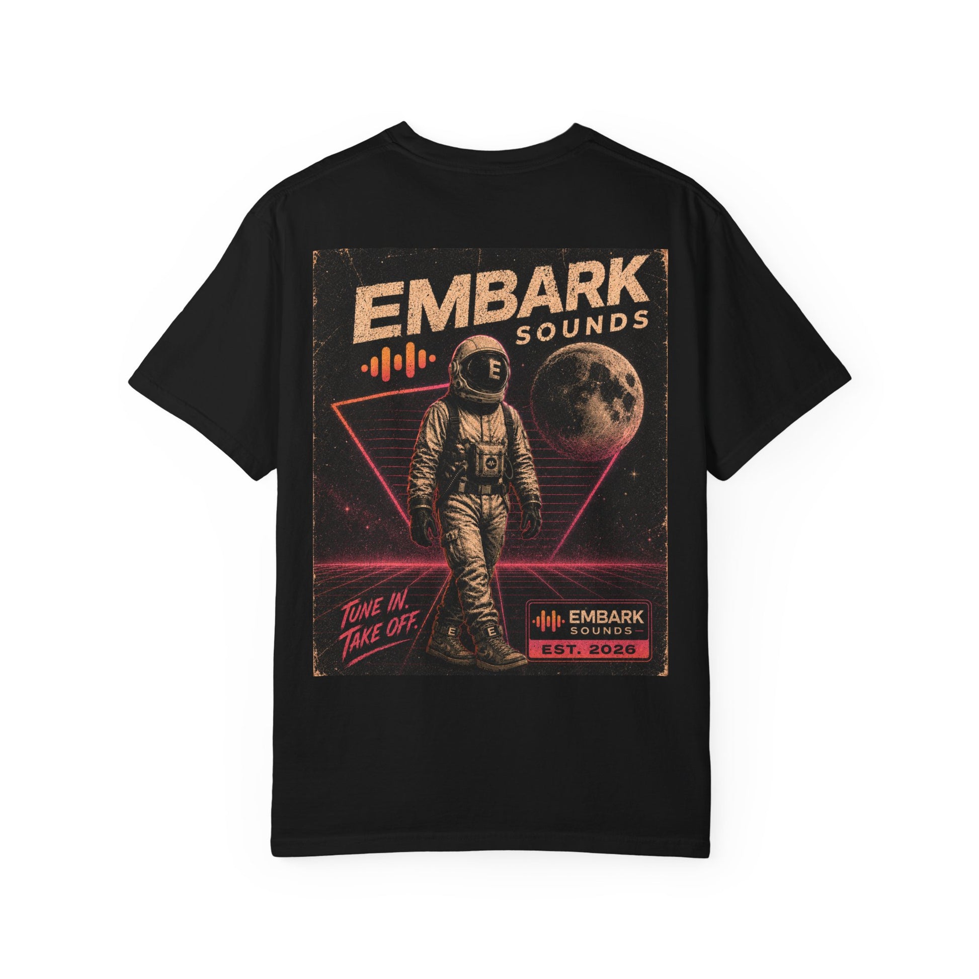 Black t-shirt with an astronaut graphic and 'Embark Sounds' text on a white background