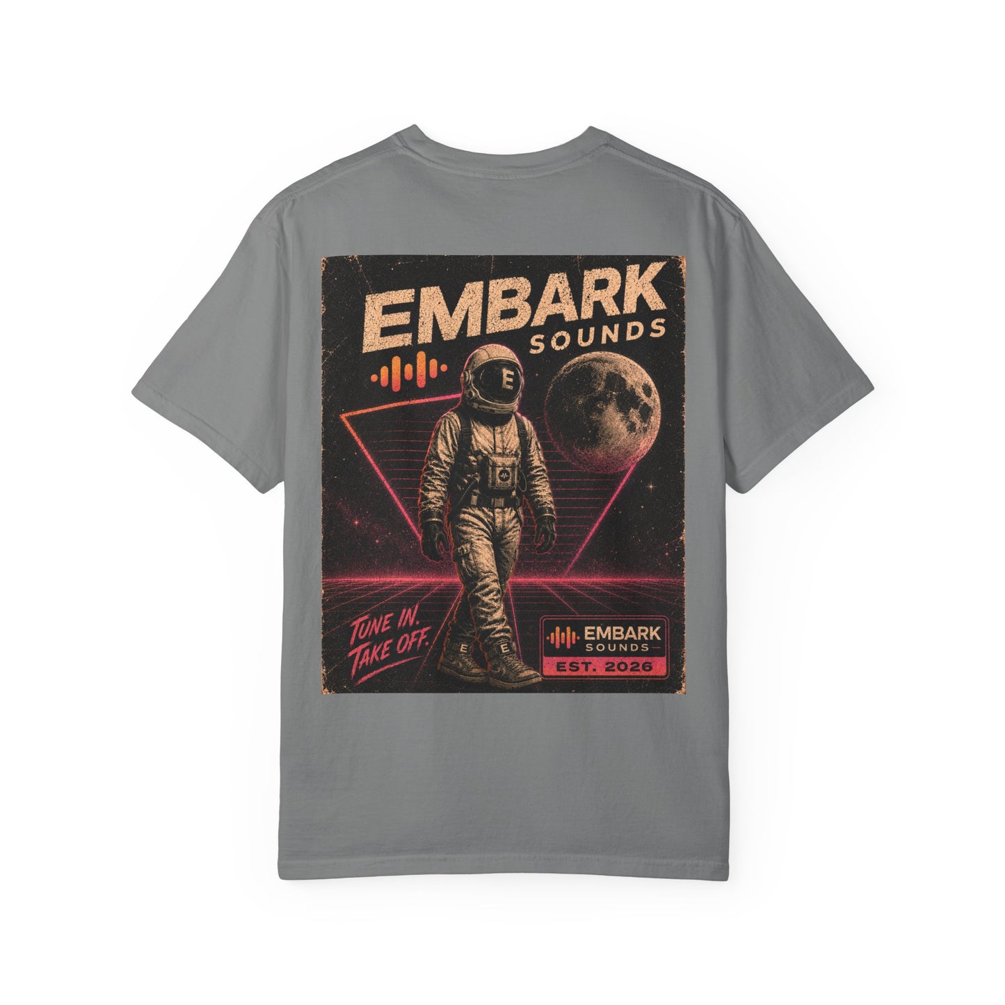 Gray t-shirt with an astronaut graphic and 'Em bark Sounds' text on a white background