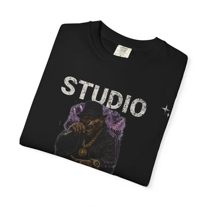 Black t-shirt with graphic design and 'STUDIO' text on a white background