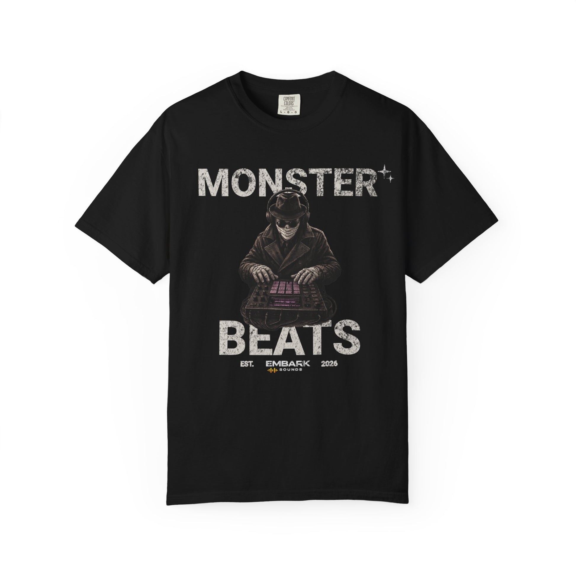Black t-shirt with graphic design and text on a white background