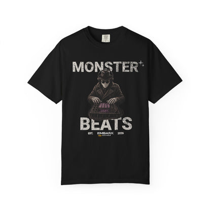 Black t-shirt with graphic design and text on a white background
