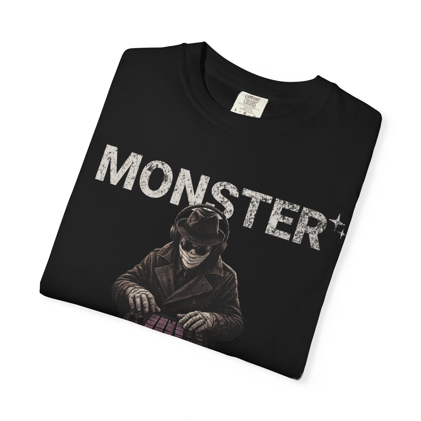 Black t-shirt with a graphic of a person in a suit and the word 'MONSTER' on a white background