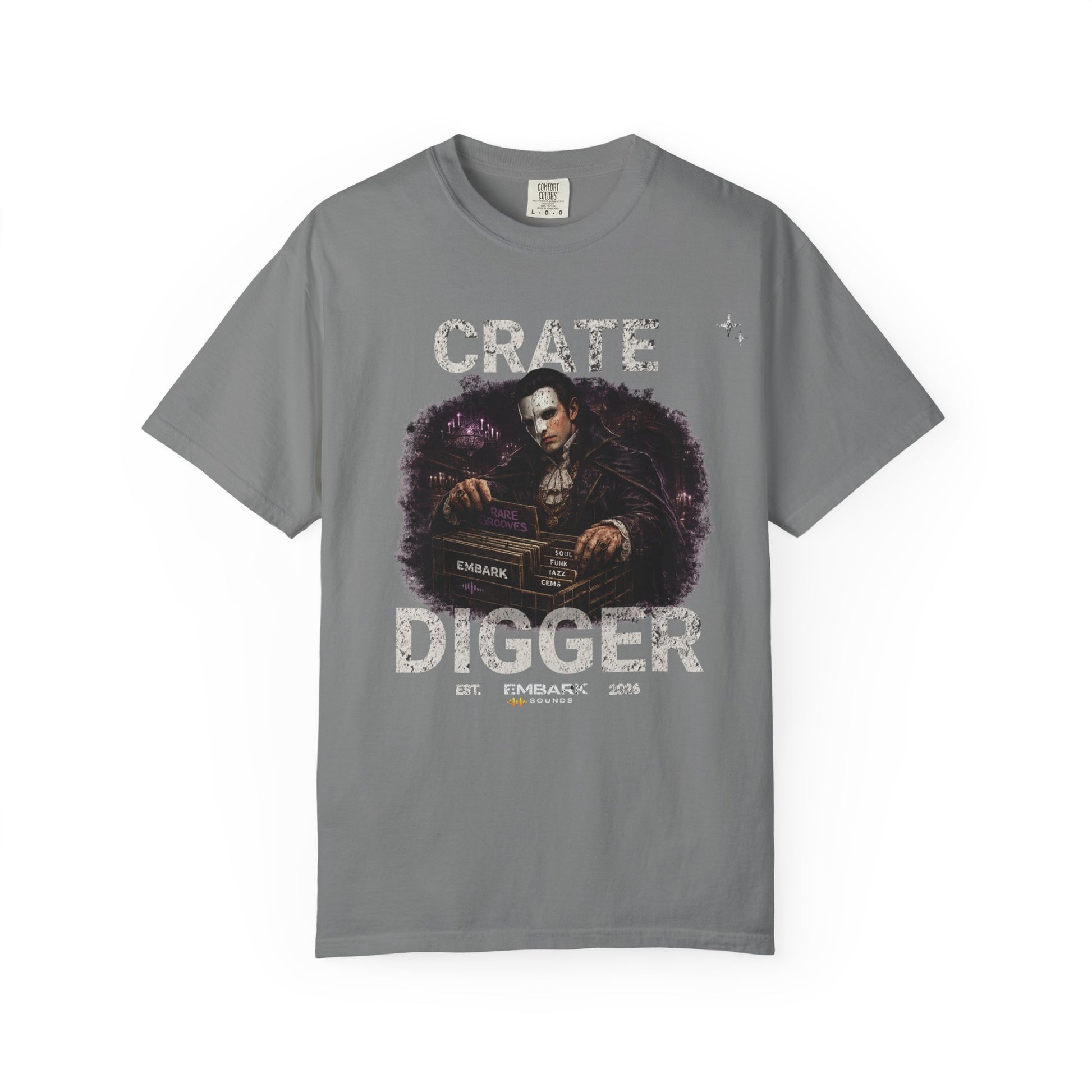 Gray t-shirt with graphic design and text on a white background