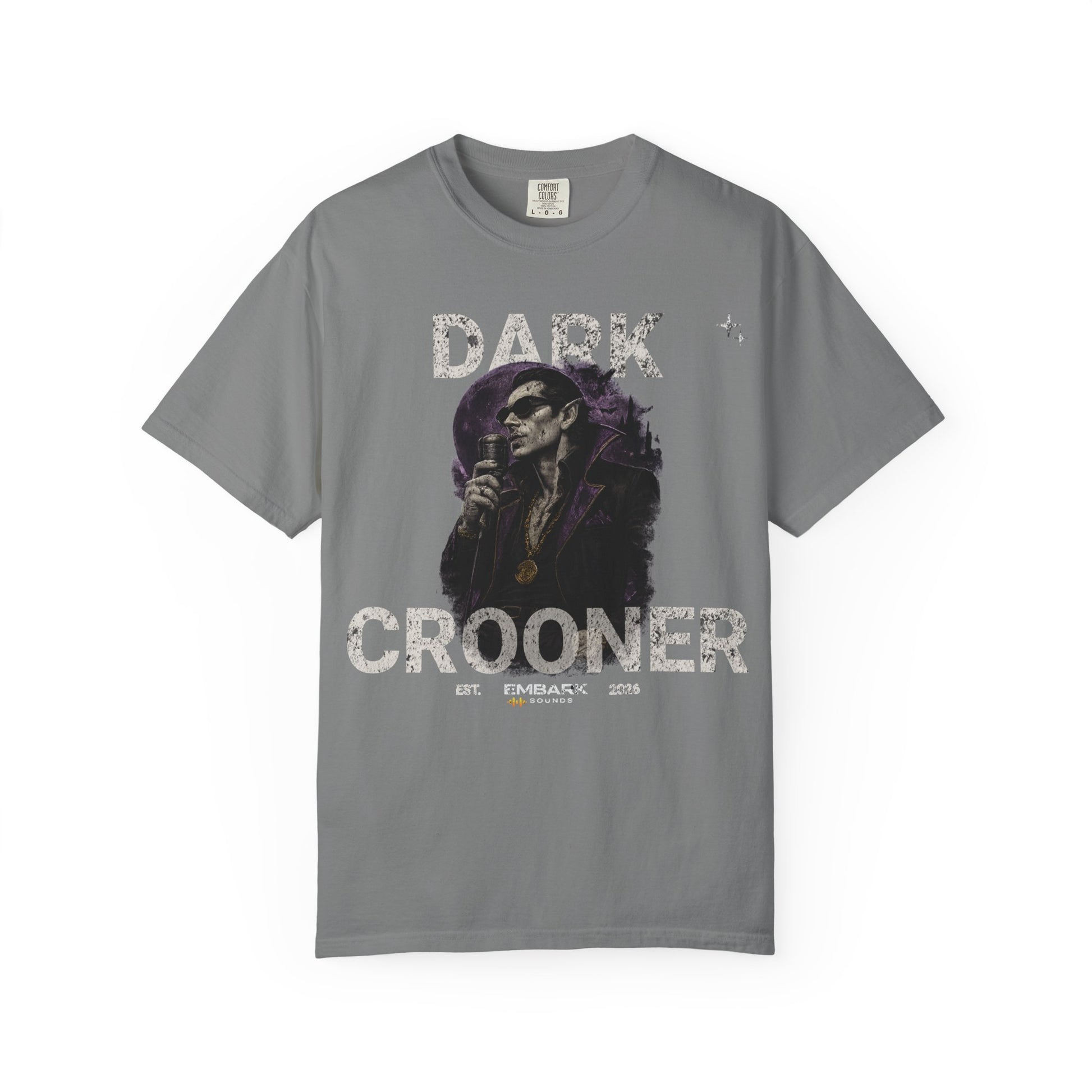 Gray t-shirt with 'Dark Crooner' graphic design on a white background