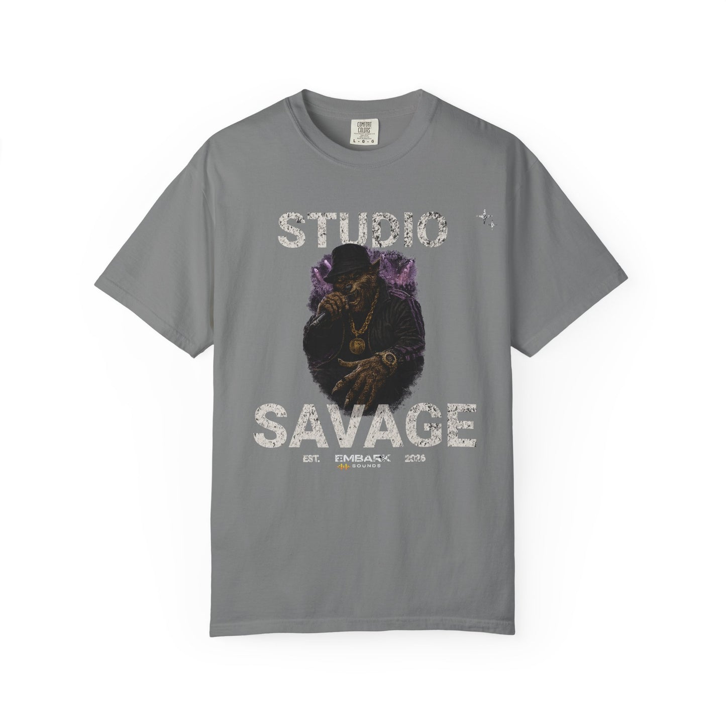 Gray t-shirt with graphic design and text on a white background