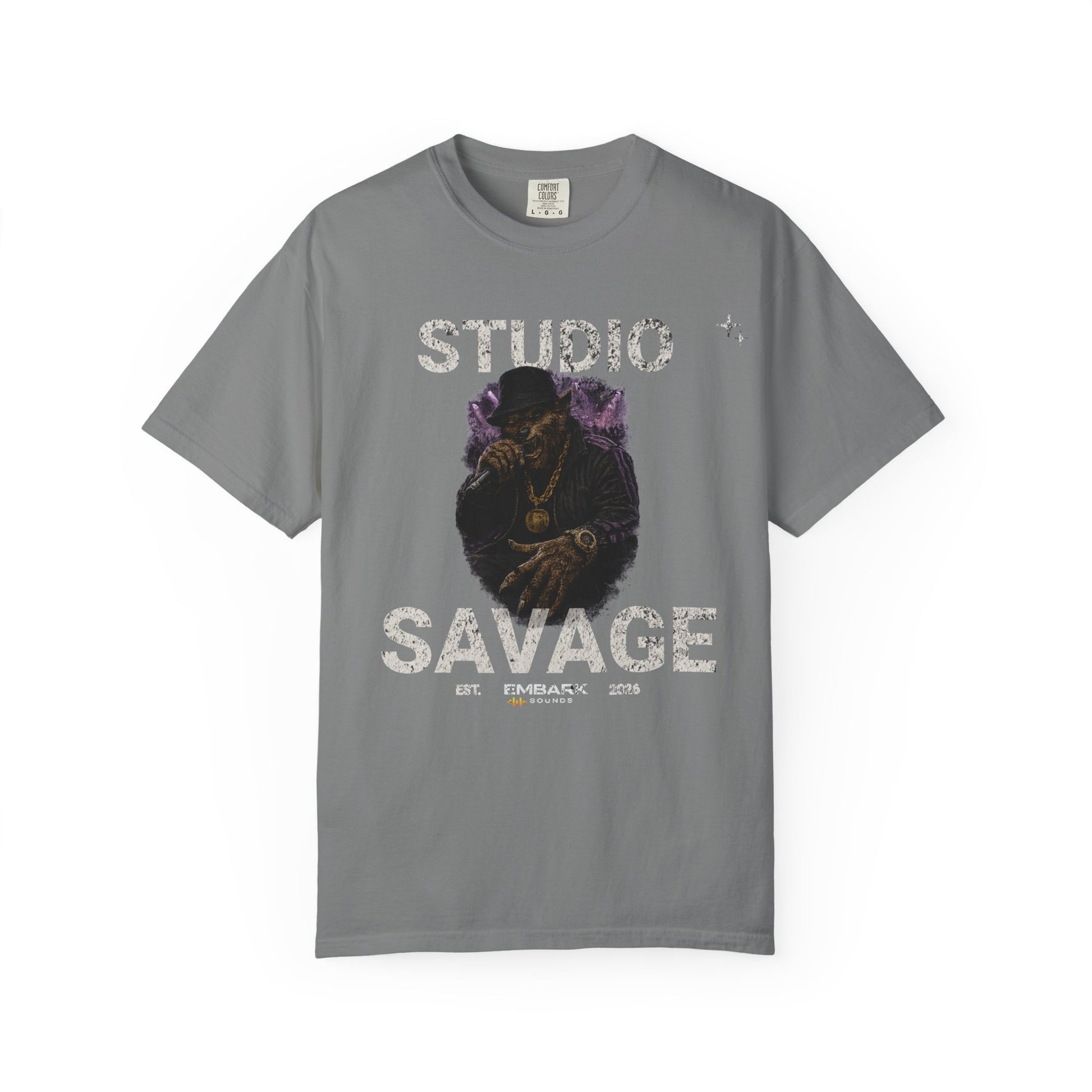 Gray t-shirt with graphic design and text on a white background