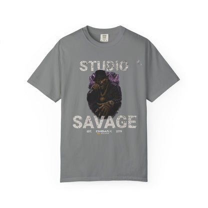 Gray t-shirt with graphic design and text on a white background
