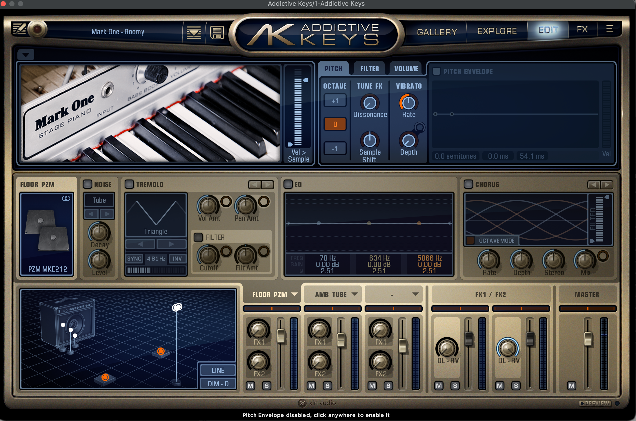 Addictive Keys Mark One edit panel — mic position and pitch envelope controls