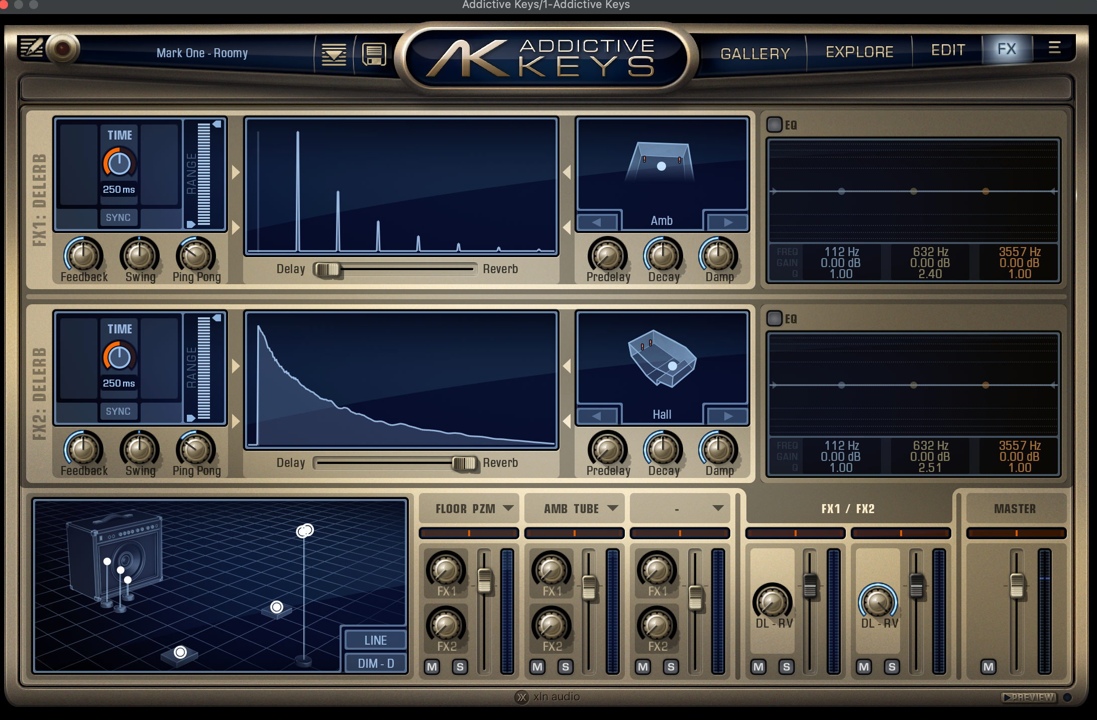 Addictive Keys Mark One FX panel — built-in compression, distortion, chorus and EQ