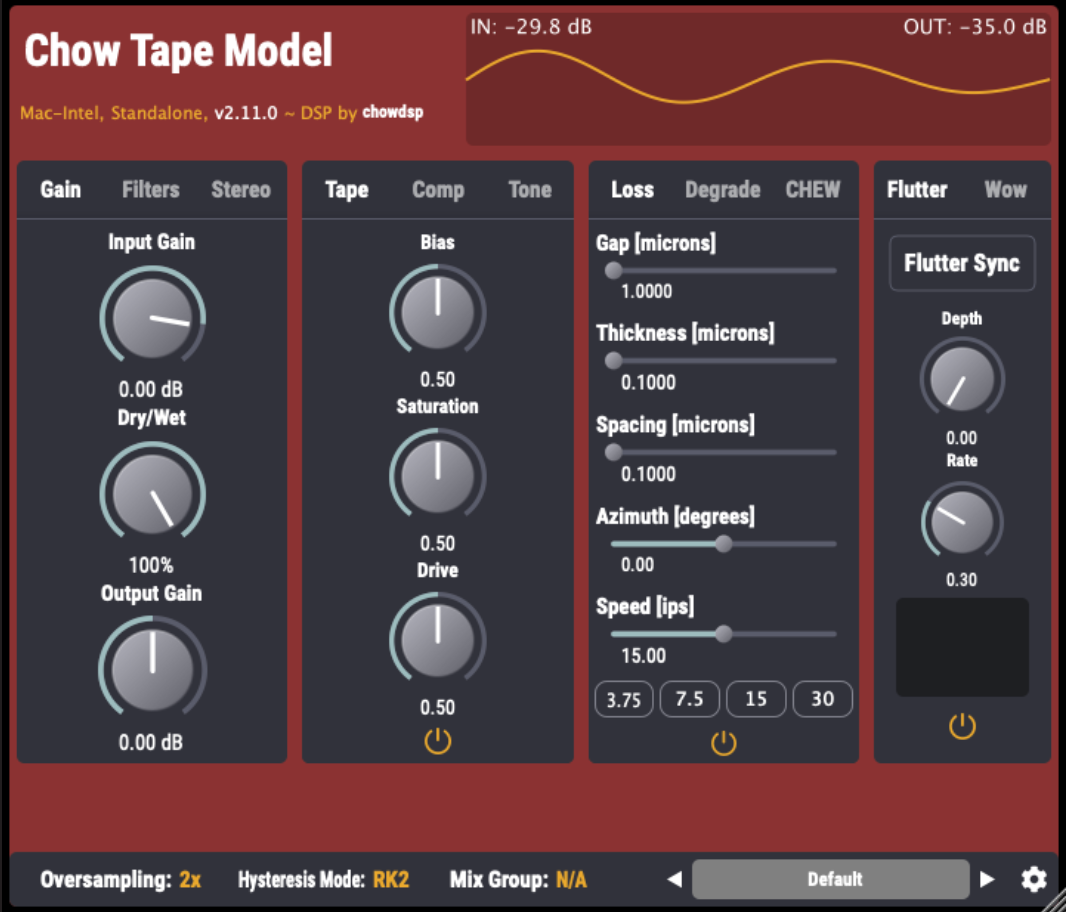 Chow Tape Model free tape saturation plugin interface with input drive, bias, and flutter controls