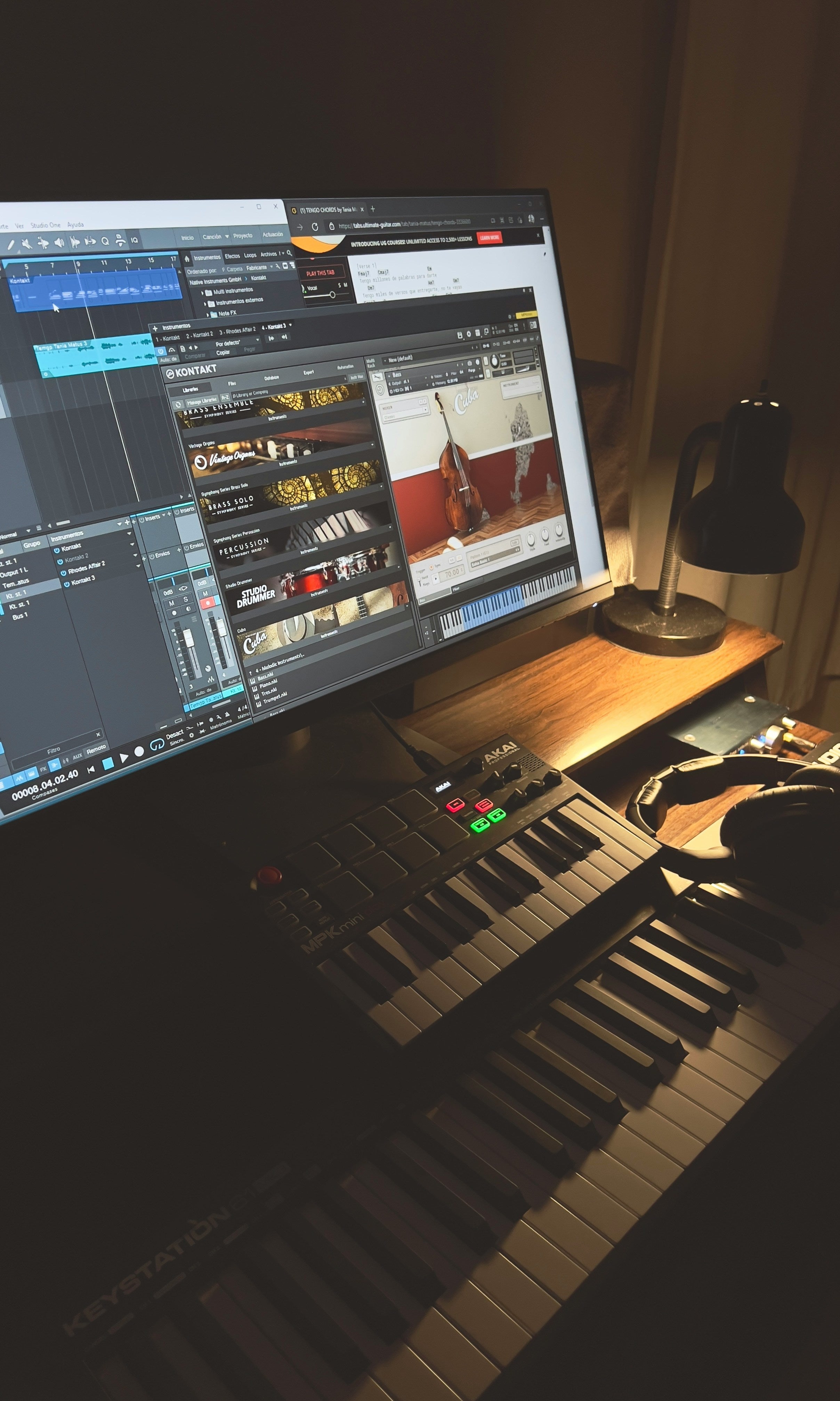 Logic Pro interface showing a lofi music session with vintage instruments and retro effects