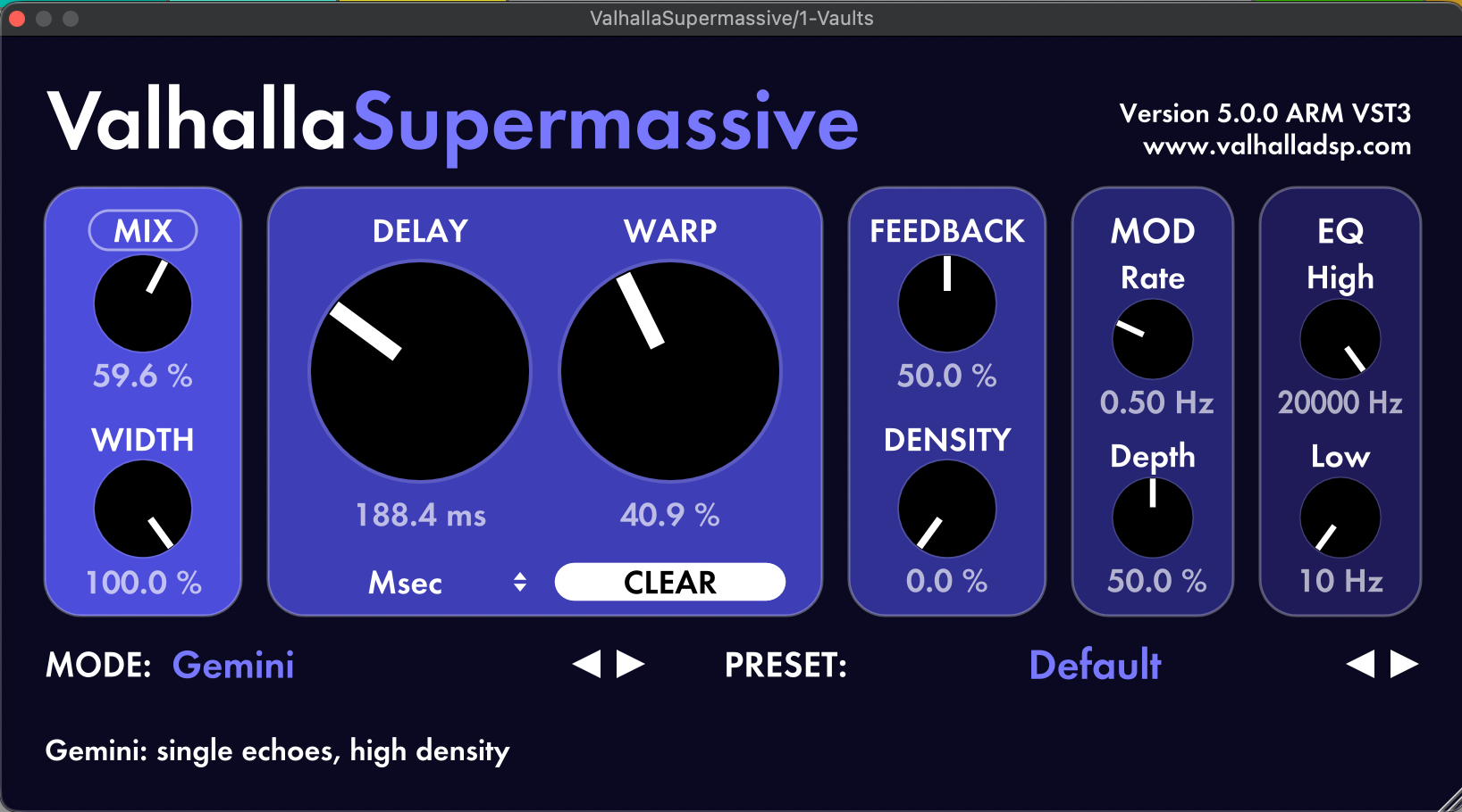 Valhalla Supermassive free reverb plugin interface showing NEBULA mode and modulation controls