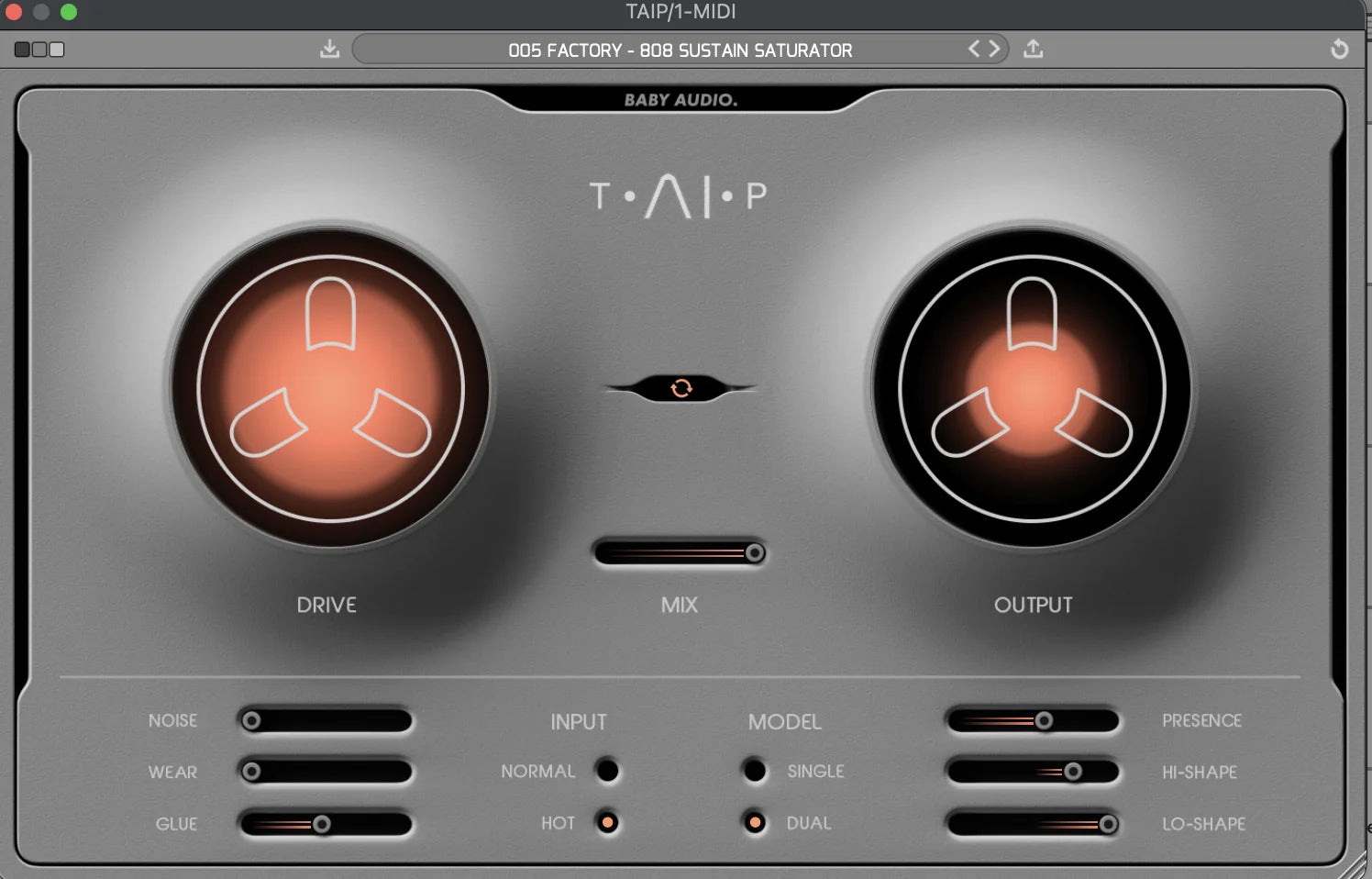 Baby Audio TAIP tape emulation plugin interface showing Drive, Lo-Shape, Hi-Shape, Glue, Wear, and Presence controls